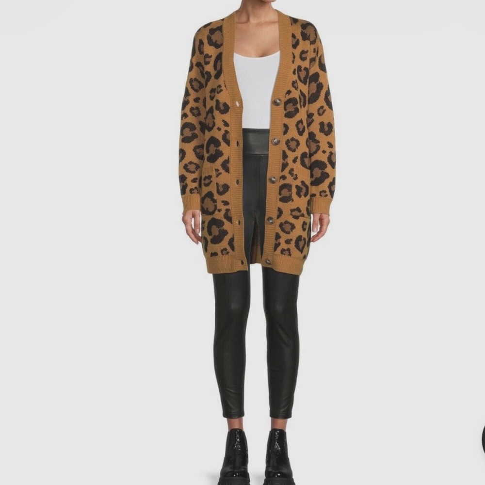 No Boundaries Animal Print Jacquard Cardigan Size Large‎ Cozy Open Front Sweater